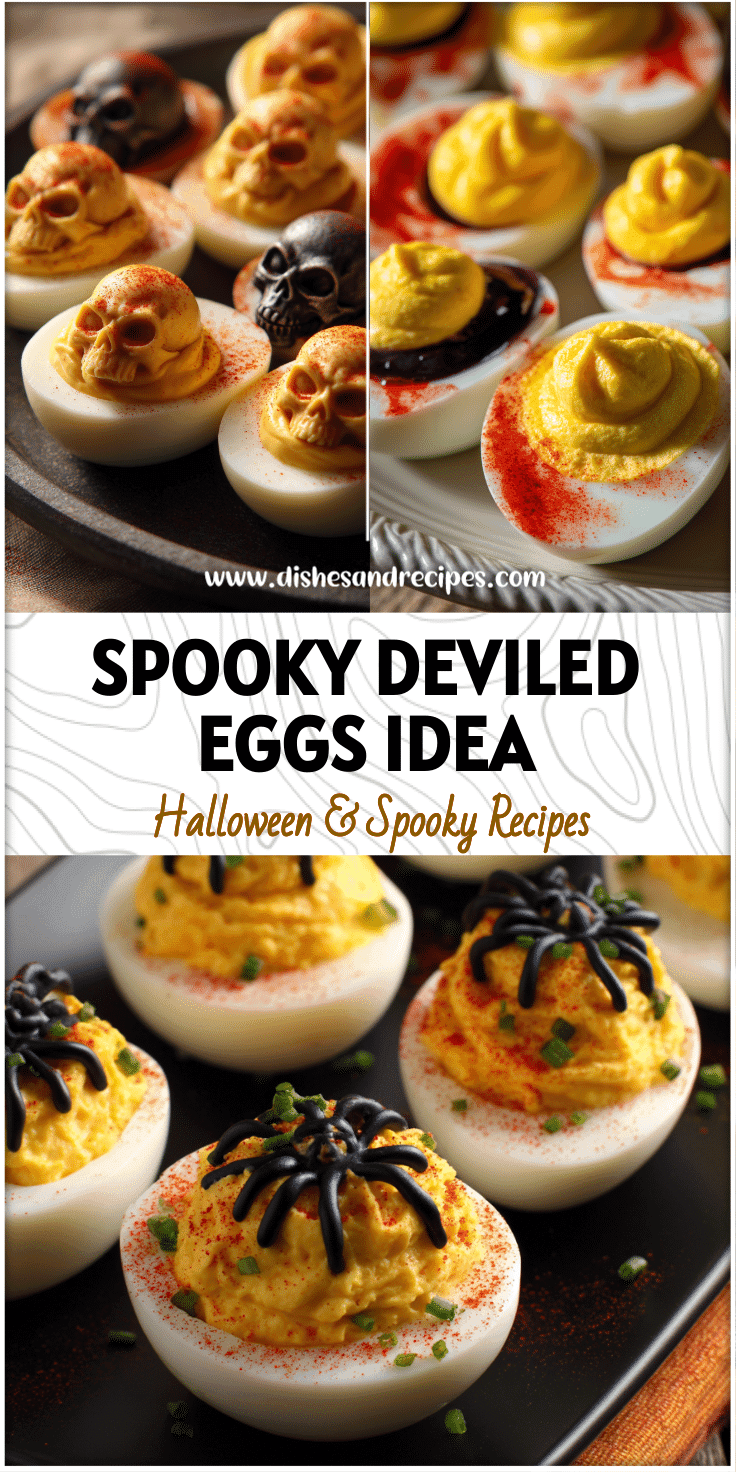 Plate of creepy deviled eggs styled as spooky Halloween Nibbles for Party Halloween Food spread